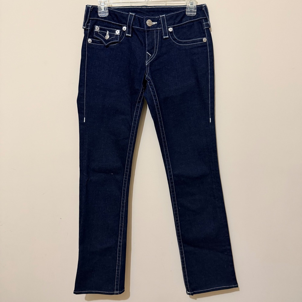 True Religion Billy Bootcut Jeans Dark Wash Pink Rhinestone Big T Stitch 27 Y2K - Picture 2 of 11